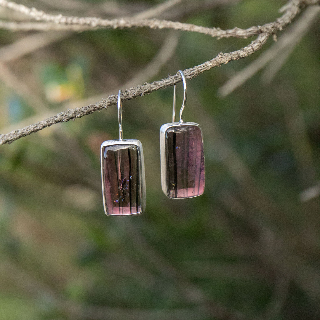Pink Tourmaline Earrings in Brushed 92.5% Sterling Silver