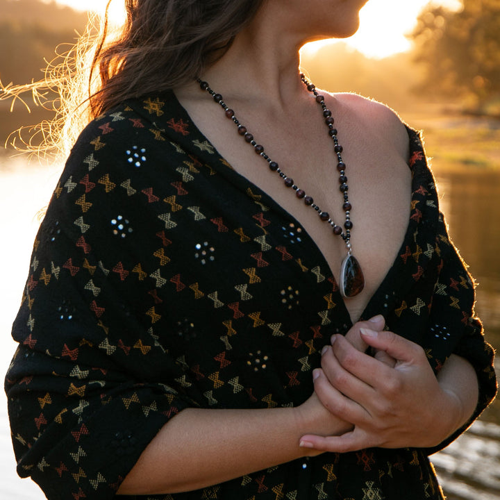 Red Tiger's Eye, Black Onyx and Black Spinel Necklace with Ocean Jasper Pendant