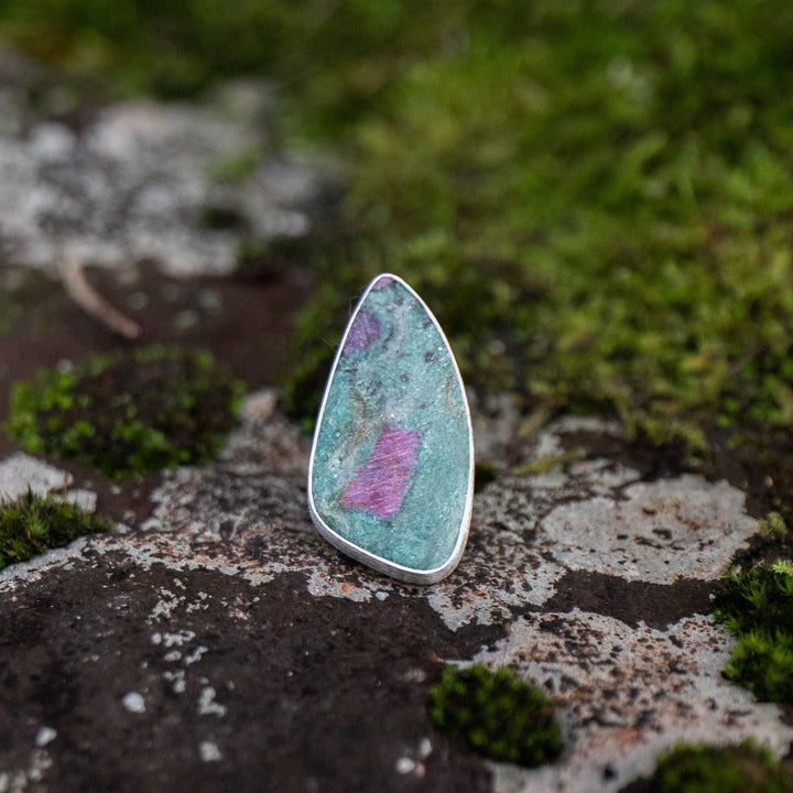 Statement Ruby in Fuchsite Ring in Brushed Sterling Silver