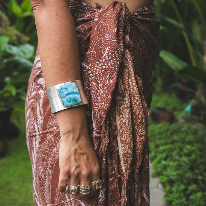 Statement Larimar Cuff Bangle in Brushed Sterling Silver