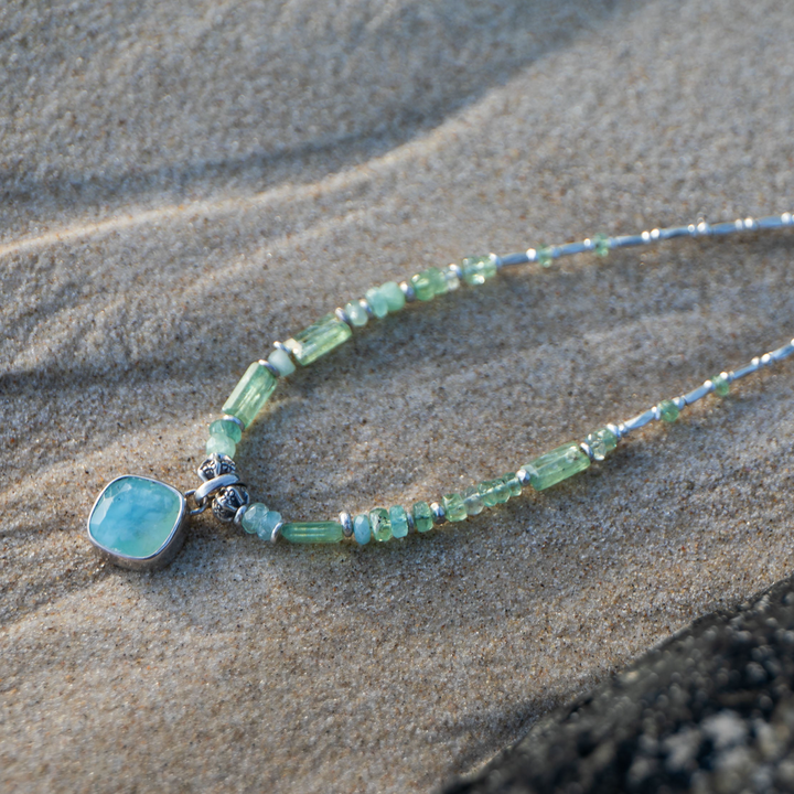 Reserved for Mimi ** Green Kyanite, Tourmaline Necklace and Thai Hill Tribe Silver Necklace with Peruvian Opal Pendant