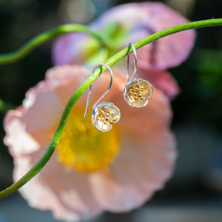 Sweet Silver Flower Earrings with Gold Stamens