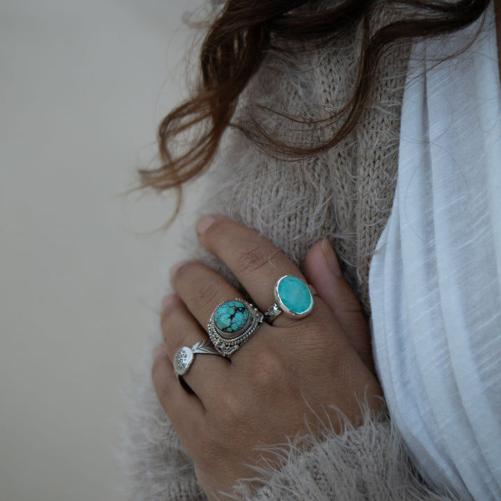 Blue Peruvian Opal Ring in Beaten Sterling Silver - Size 7.5 US