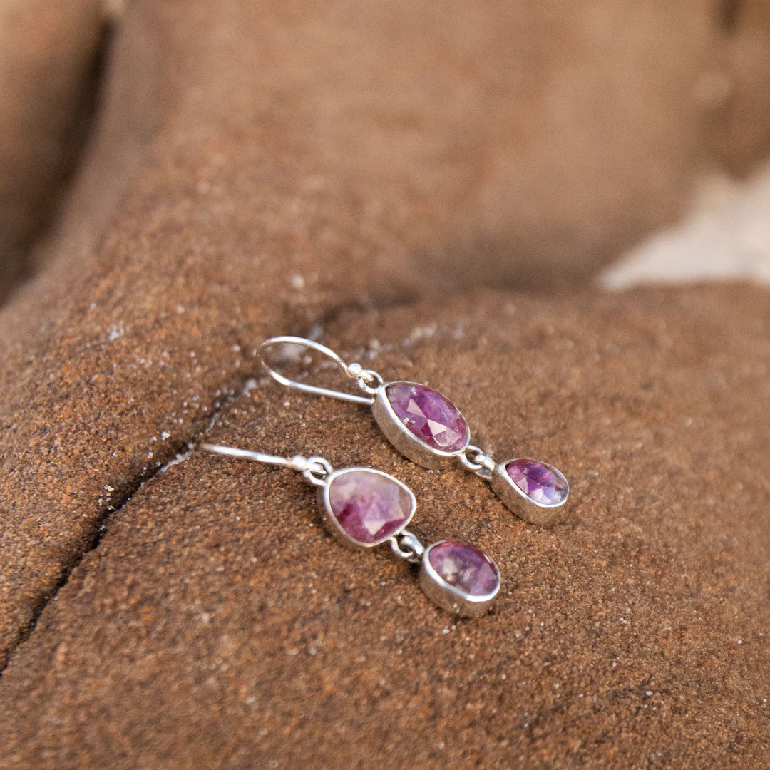 Rose Cut Double Pink Tourmaline Earrings in 92.5% Sterling Silver