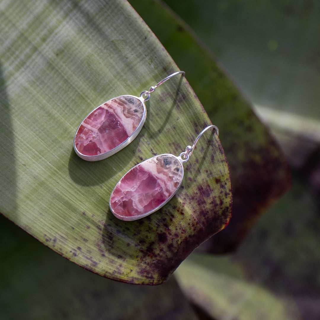 Rhodochrosite Earrings in Brushed Sterling Silver