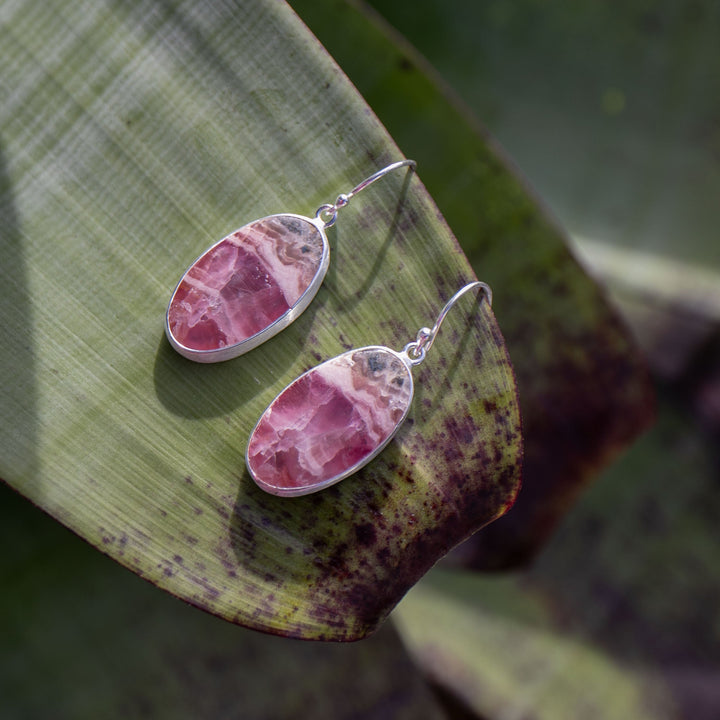 Rhodochrosite Earrings in Brushed Sterling Silver