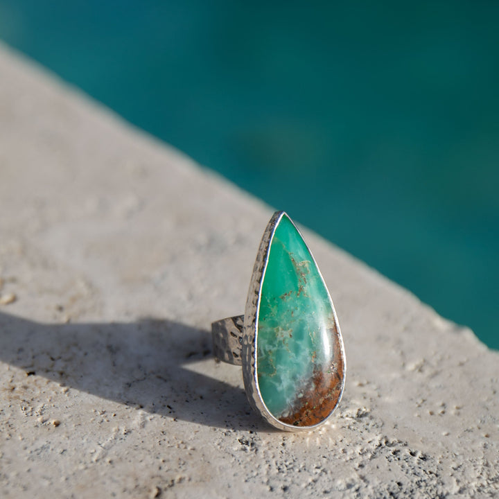 Statement Chrysoprase Ring in Beaten Sterling Silver - Adjustable