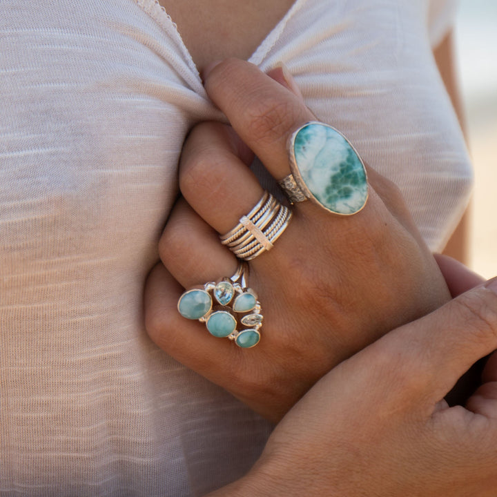 Larimar Ring set in Hammered Sterling Silver with Adjustable Band