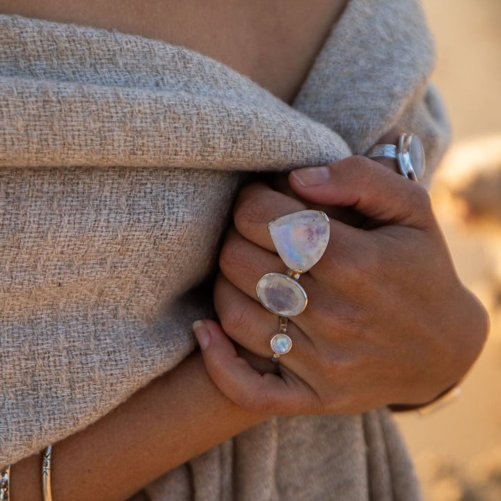 Faceted Rainbow Moonstone Ring in Teardrop Sterling Silver Setting - Size 9 US