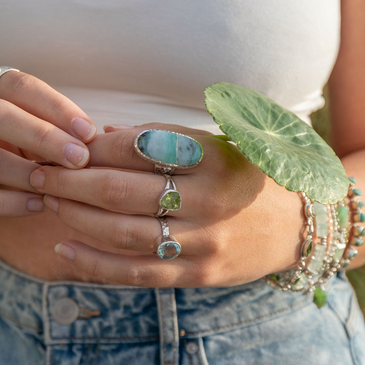 Peruvian Opal Ring in Beaten Sterling Silver with Adjustable Band