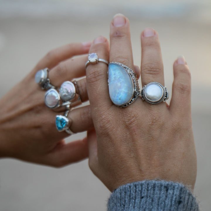 Statement Rainbow Moonstone Ring in Tribal Sterling Silver Setting - Size 9 US