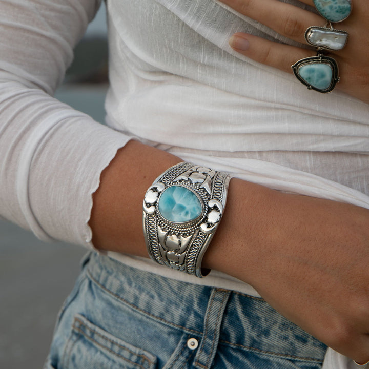 STUNNING Statement Tribal Larimar and Sterling Silver Bangle