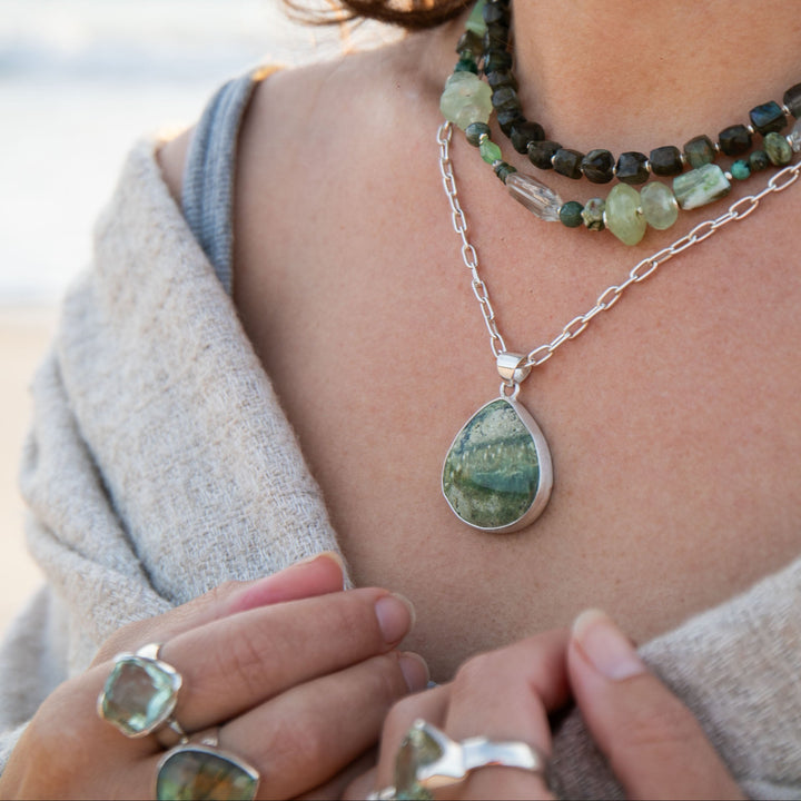 Swiss Green Opal Pendant in Brushed Sterling Silver
