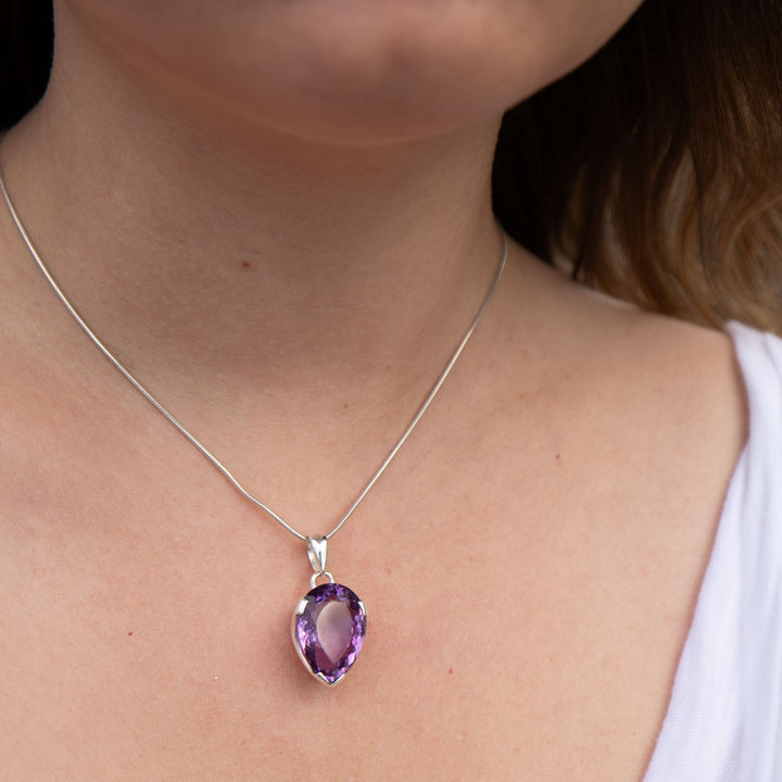 Faceted Amethyst Teardrop Pendant in Sterling Silver Setting