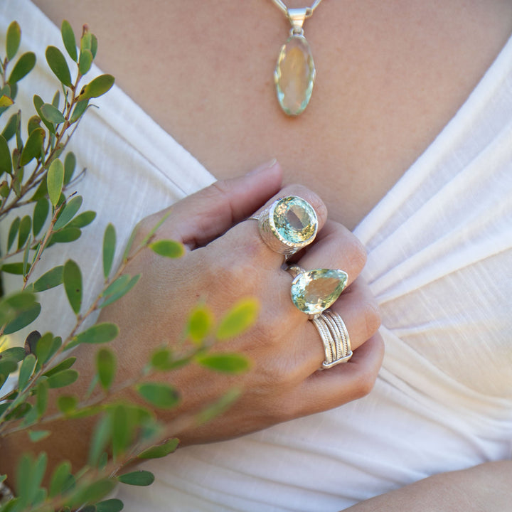 Faceted Green Amethyst Ring in Sterling Silver Setting - Size 8 US