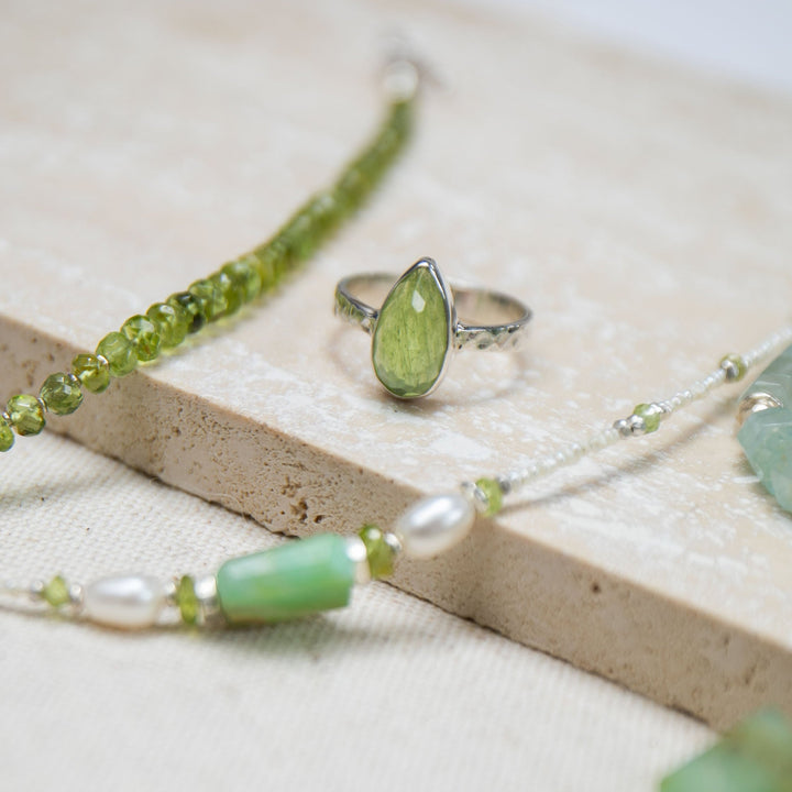 Faceted Teardrop Peridot Ring in Beaten Sterling Silver - Size 9 US