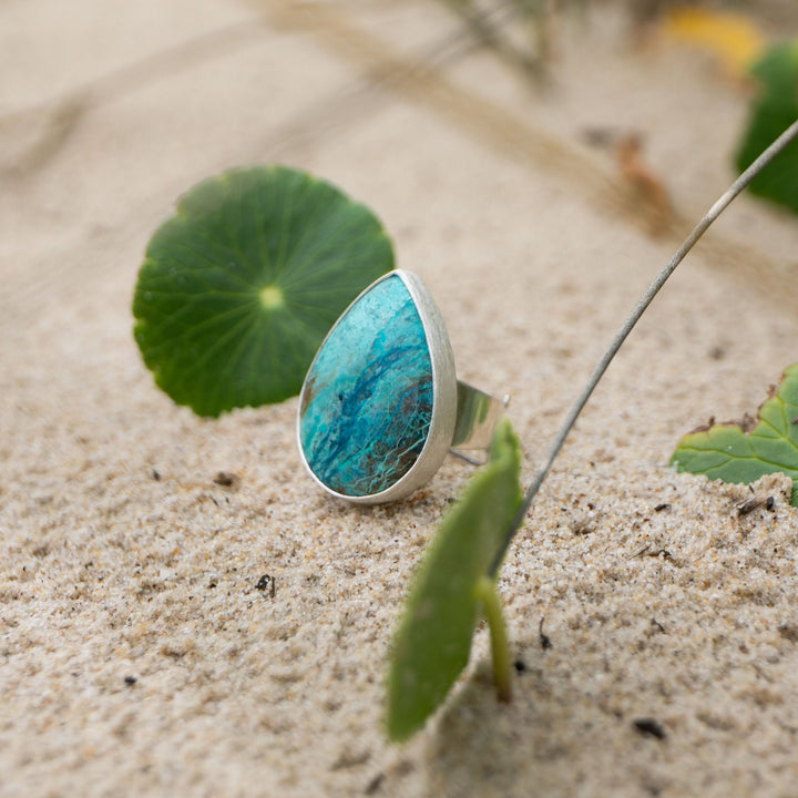 Statement Shattuckite Ring in Brushed Sterling Silver with Adjustable Band