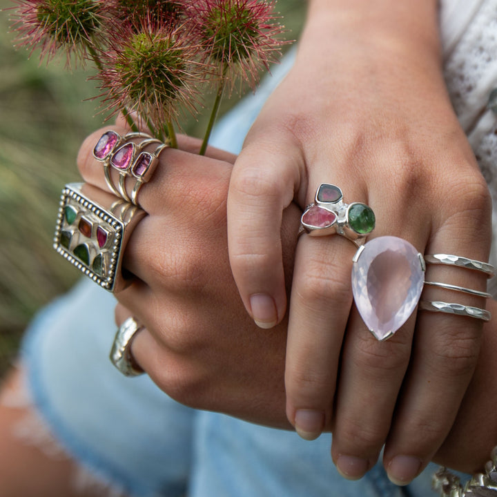 Multi Raw Pink Tourmaline and Watermelon Tourmaline Ring set in Sterling Silver- Size 6.5 US