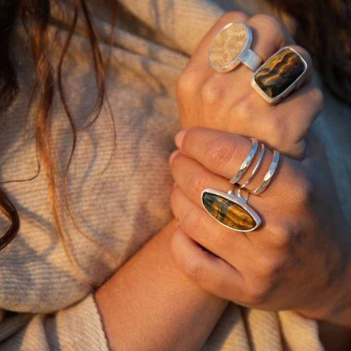 Tigers Eye Ring in Brushed Sterling Silver - Adjustable Band