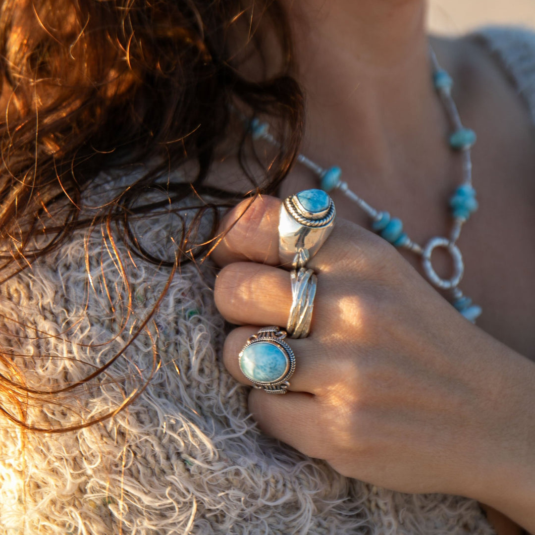 Larimar Ring in Tribal Sterling Silver Setting - Size 8.5 US