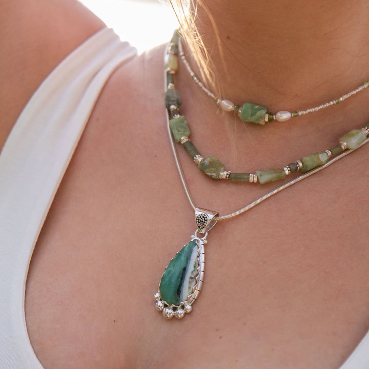 Peruvian Opal, Peridot & Freshwater Pearl Necklace with Thai Hill Tribe Silver