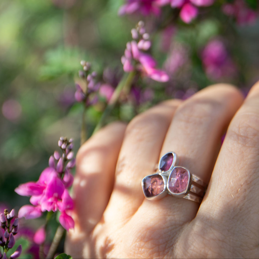 Triple Rose Cut Pink Tourmaline Ring set in Sterling Silver- Size 7 US
