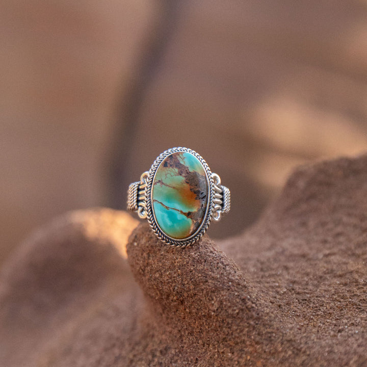 Genuine Turquoise Ring set in Tribal Sterling Silver - Size 9 US