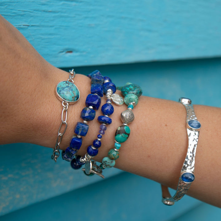 Chunky Natural Turquoise Bracelet with Thai Hill Tribe Silver Beads