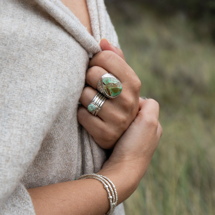 Variscite Teardrop Ring set in Beaten Bezel Sterling Silver - Size 6.5 US