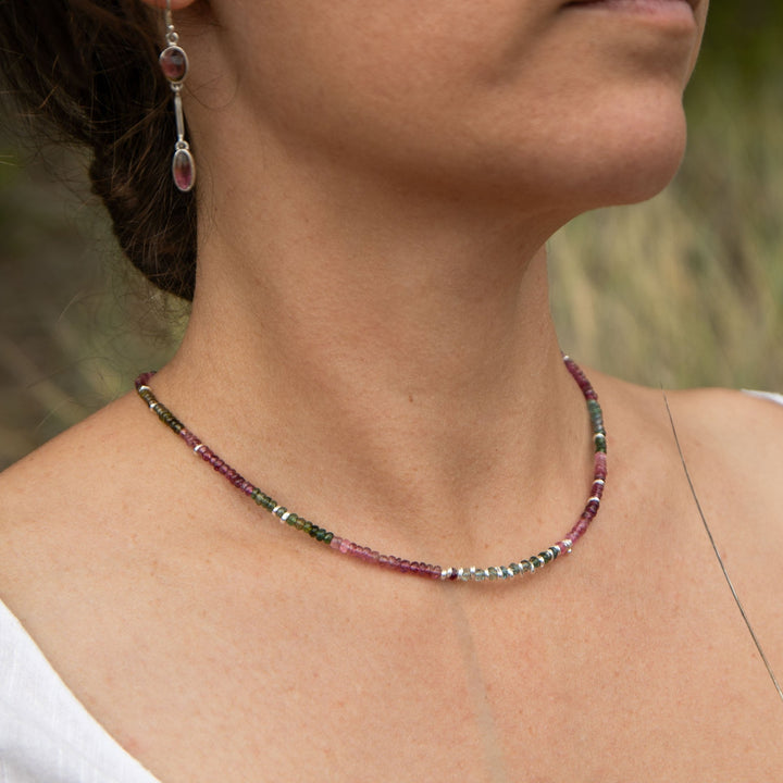 High Quality Graduated Watermelon Tourmaline + Thai Hill Tribe Silver Beaded Necklace