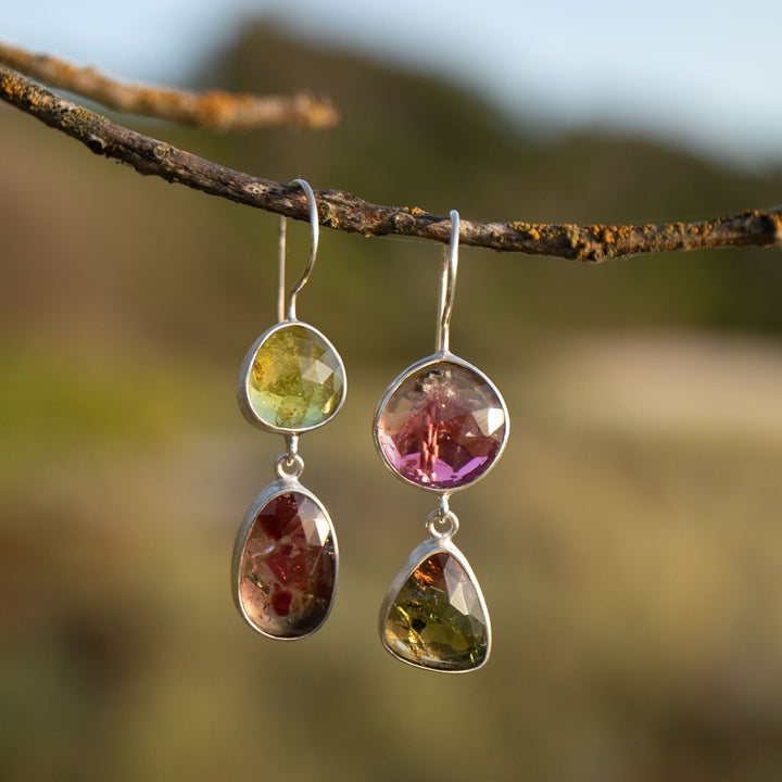 STUNNING Rose Cut Double Watermelon Tourmaline Earrings in Sterling Silver
