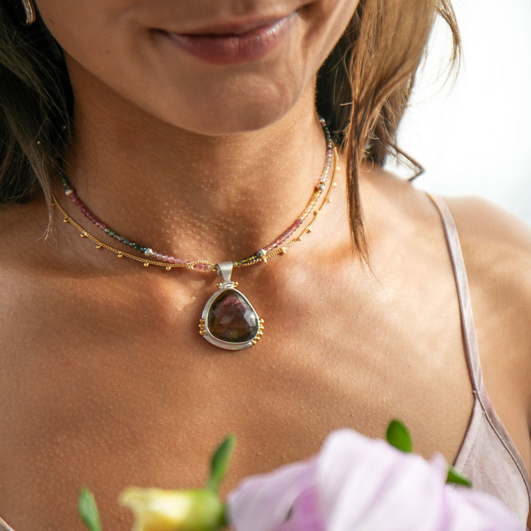 Rose Cut Watermelon Tourmaline Pendant in Brushed 92.5% Sterling Silver with Gold Accents