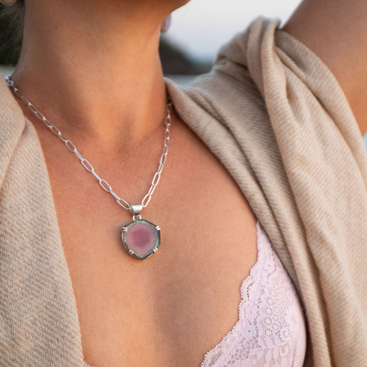 Reserved for Cassie **Stunning Raw Watermelon Tourmaline Pendant in Sterling Silver