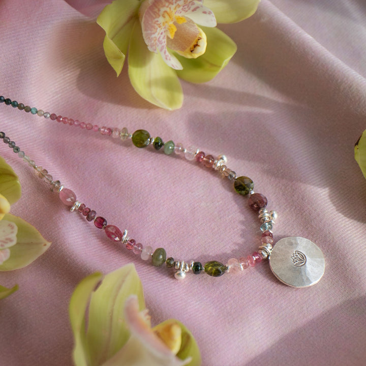 Watermelon Tourmaline Necklace Handmade with Thai Hill Tribe Silver
