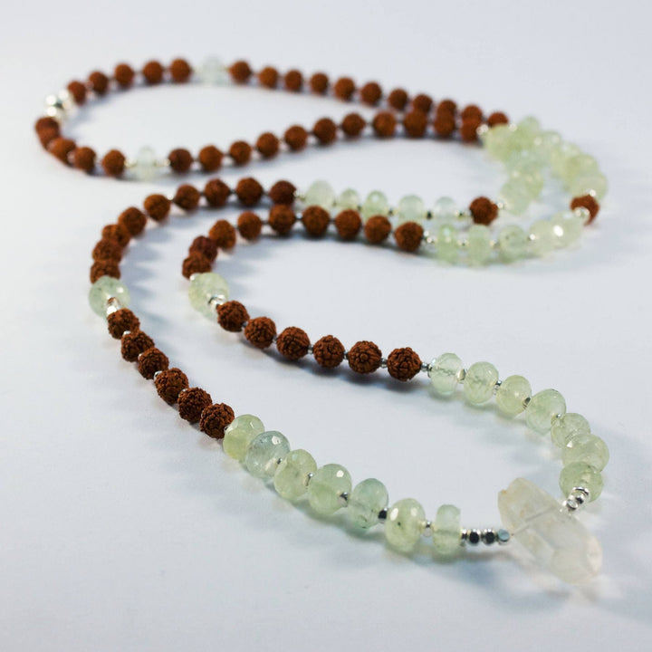 Prehnite, Sacred Rudraksha + Clear Quartz 108 Mala Necklace with Thai Hill Tribe Silver Beads