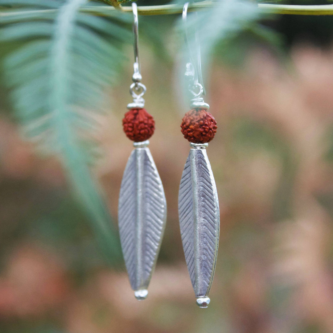 Sacred Rudraksha Seed Earrings with Thai Hill Tribe Silver Leaf, Beads and Hooks - Handmade Earrings - Thai Hill Tribe Silver Jewelry