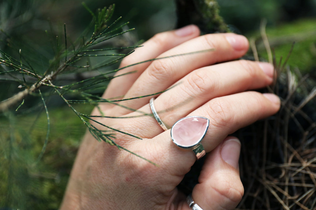 Faceted Teardrop Rose Quartz Ring in Sterling Silver with Beaten Band - Multiple Sizes