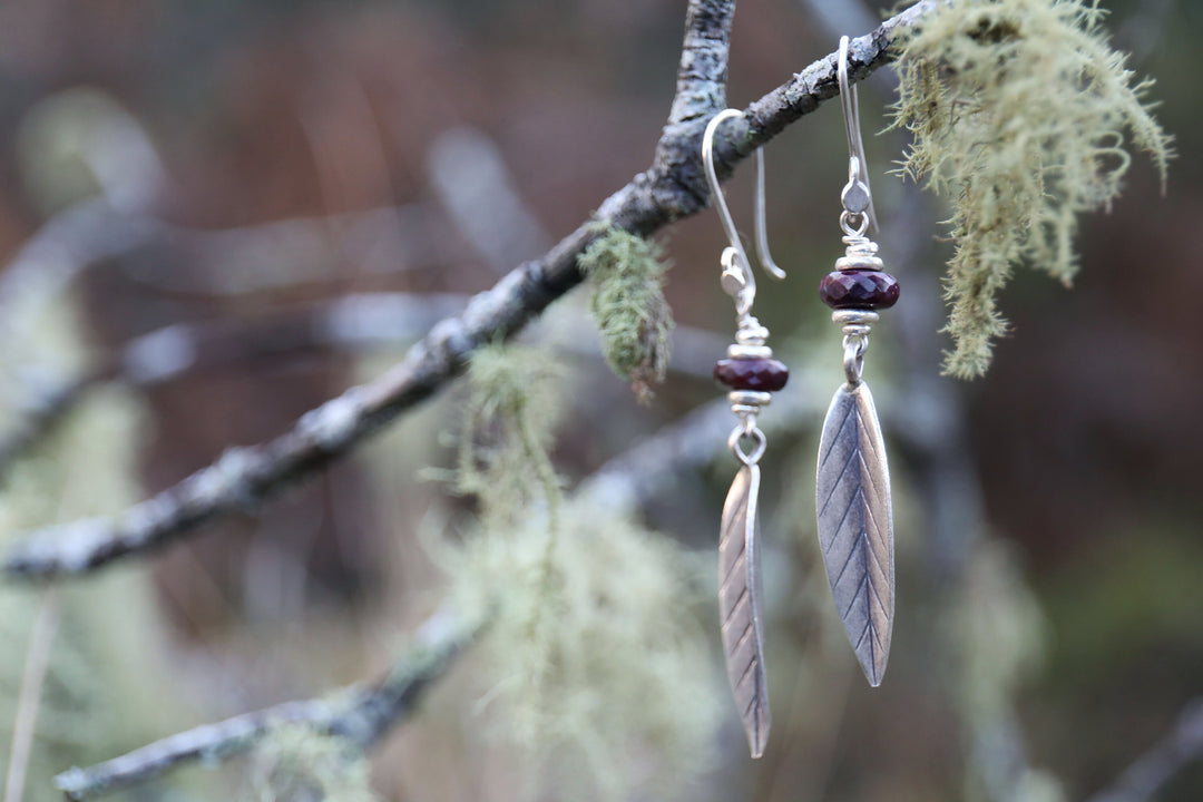 Handmade Genuine Ruby Earrings with Thai Hill Tribe Silver Beads and Leaves - Raw Gemstone Jewellery