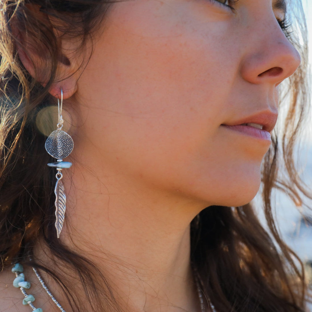 Larimar Earrings with Thai Hill Tribe Beads and Leaf Charm