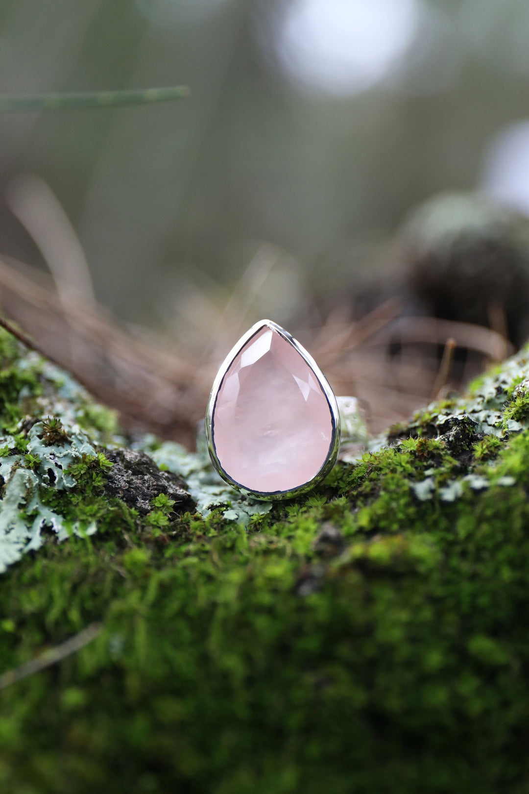 Faceted Teardrop Rose Quartz Ring in Sterling Silver with Beaten Band - Multiple Sizes