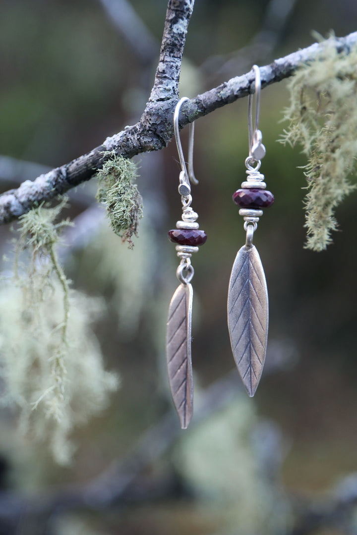 Handmade Genuine Ruby Earrings with Thai Hill Tribe Silver Beads and Leaves - Raw Gemstone Jewellery