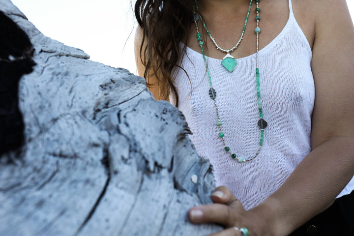 Long Tribal Chrysoprase Wrap Necklace with Thai Hill Tribe Silver Pendant + Beads
