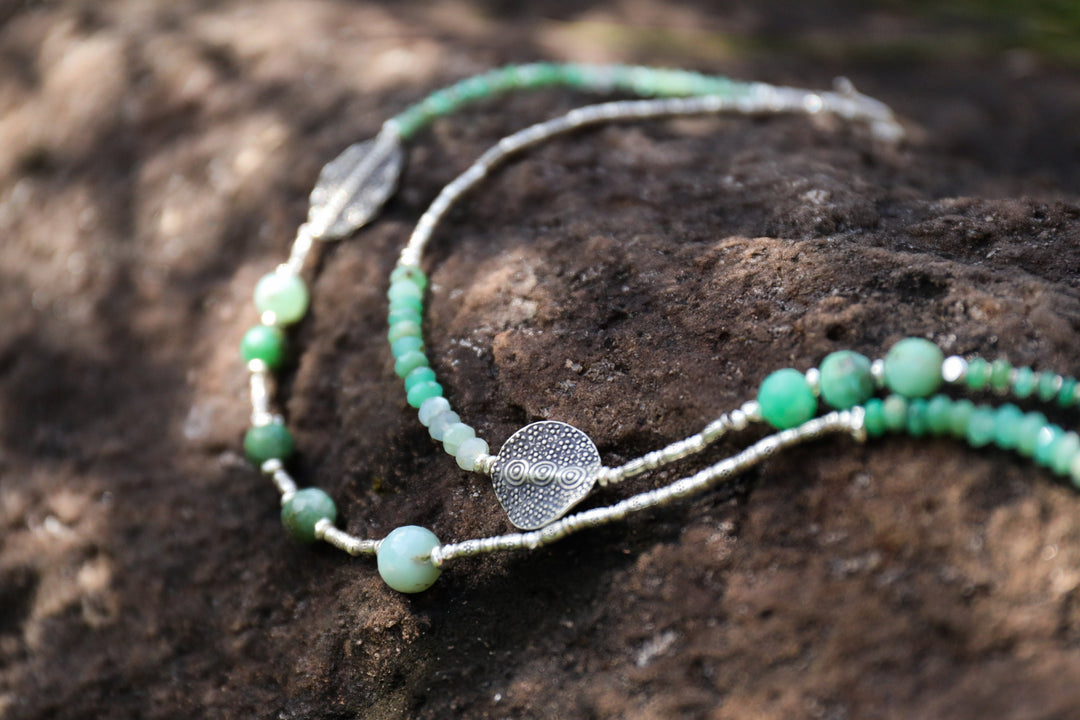 Long Tribal Chrysoprase Wrap Necklace with Thai Hill Tribe Silver Pendant + Beads
