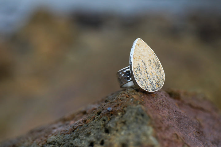 Large Teardrop Natural Leaf Jasper Ring set in Thick Beaten Sterling Silver - Size 7 US