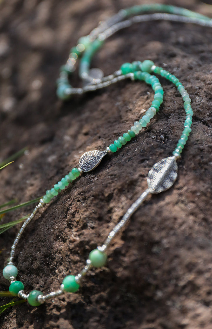 Long Tribal Chrysoprase Wrap Necklace with Thai Hill Tribe Silver Pendant + Beads
