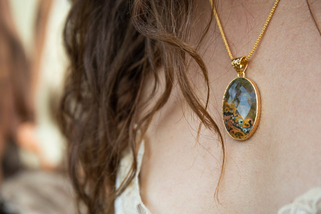 Large Faceted Earthy Tones Ocean Jasper Pendant set in Hammered Gold Plated Sterling Silver