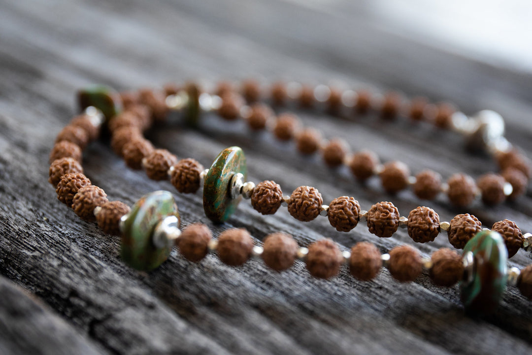 Genuine Turquoise and Sacred Rudraksha 108 Beaded Mala Necklace with Tribal Pendant and Thai Hill Tribe Silver