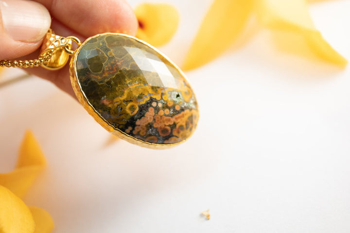 Large Faceted Earthy Tones Ocean Jasper Pendant set in Hammered Gold Plated Sterling Silver