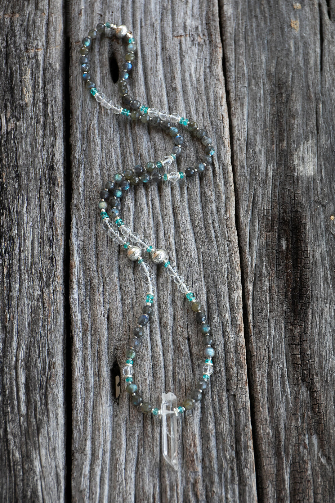 Handmade Labradorite, Crystal and Apatite Mala Necklace with Crystal Quartz Point Pendant + Thai Hill Tribe Silver