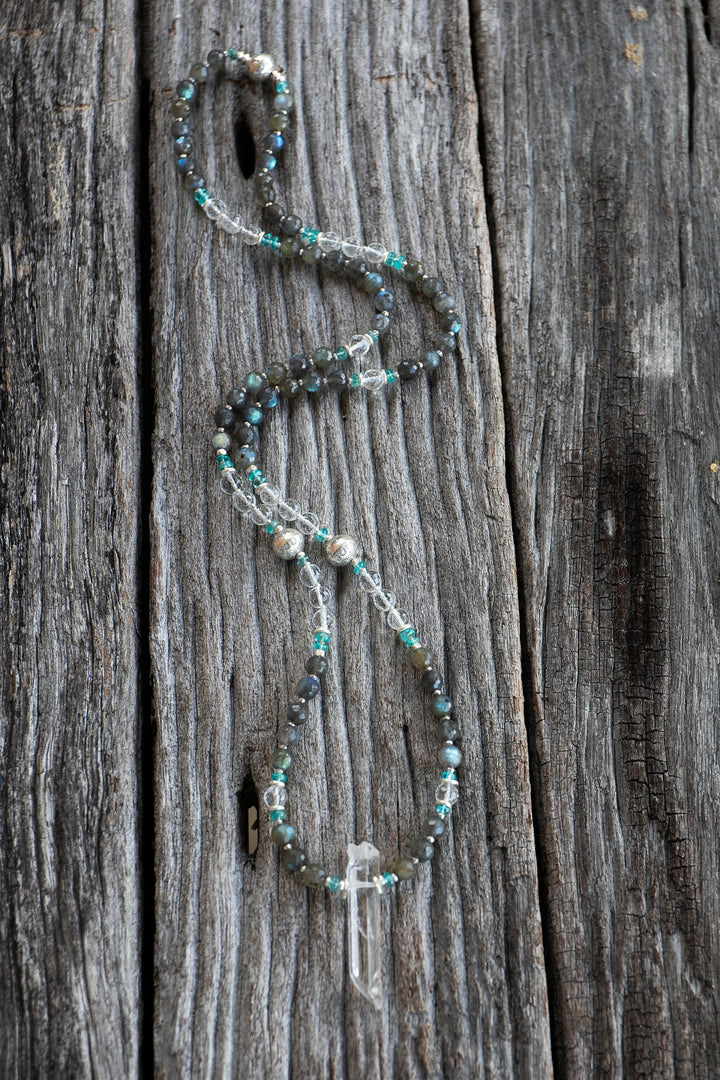 Handmade Labradorite, Crystal and Apatite Mala Necklace with Crystal Quartz Point Pendant + Thai Hill Tribe Silver